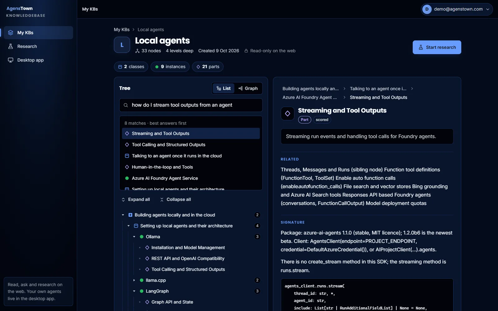 Ask: A question ranks the nodes; the best match opens with its sourced sections.