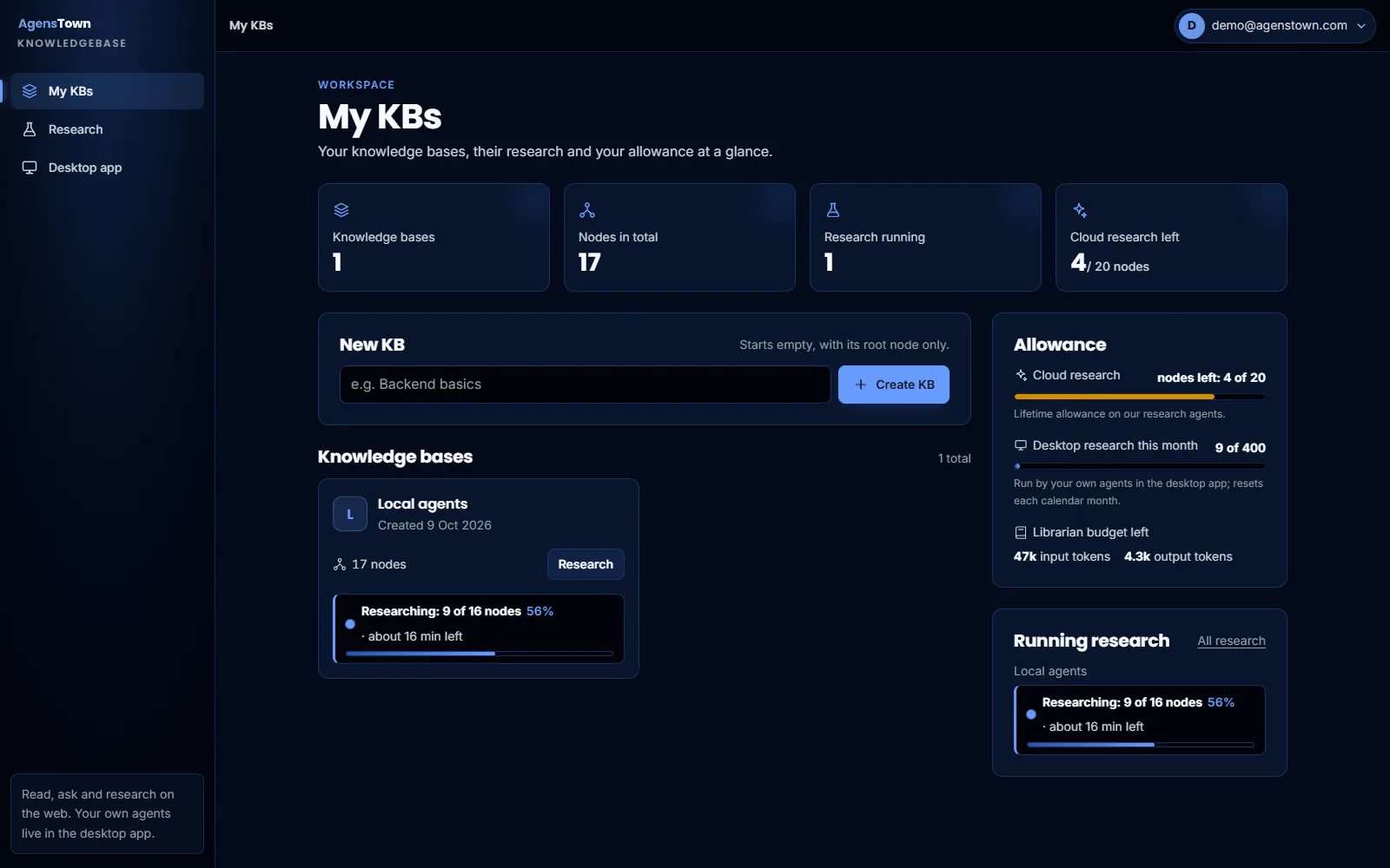 My KBs: Dashboard: KBs, running research and the quota meters for cloud and desktop research.
