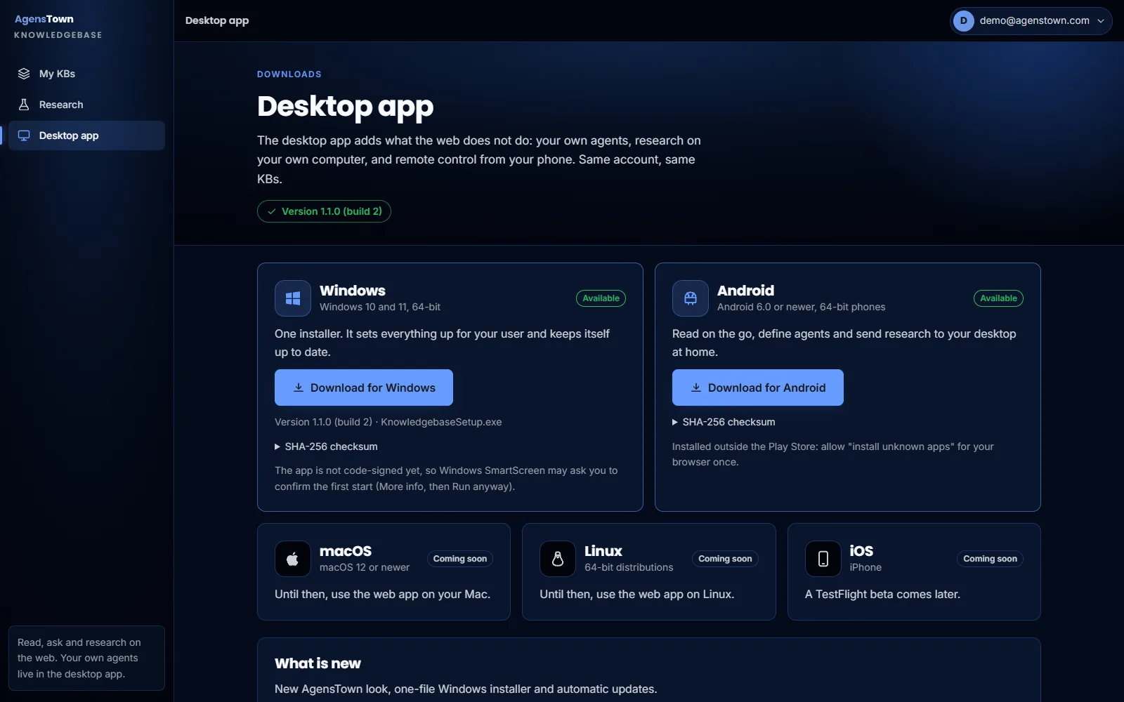 Desktop and mobile apps: Downloads for the Windows desktop app and the Android app.
