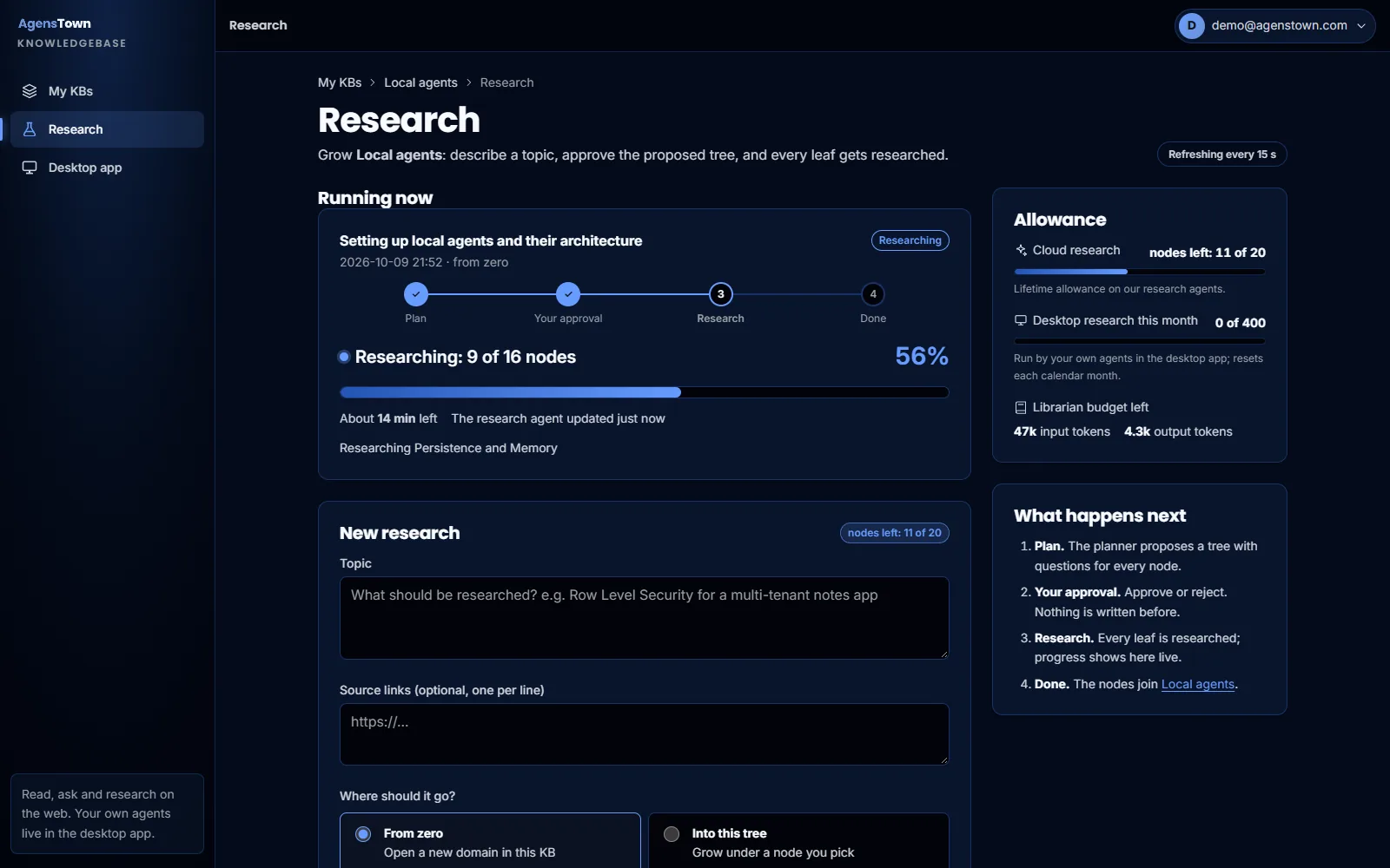 Research running: A research in progress: steps, 9 of 16 nodes answered and the minutes left.